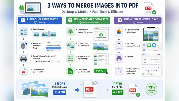 Infographic showing three ways to merge images into PDF on desktop and mobile, including right-click