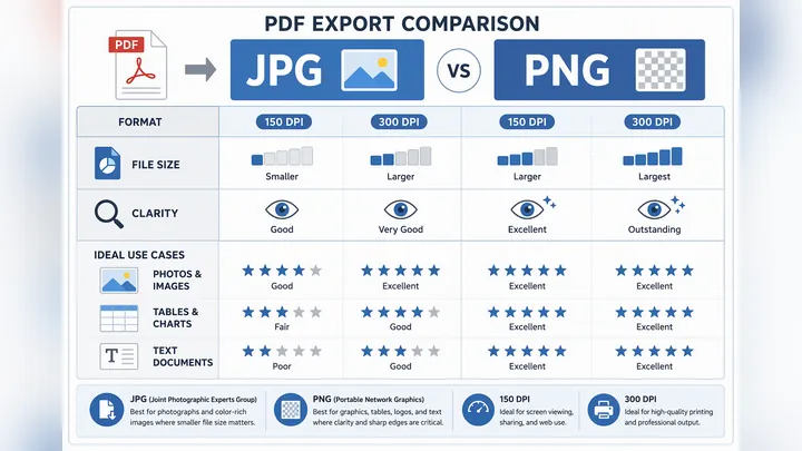 Comparison chart of exporting PDF pages to JPG versus PNG, showing file size, clarity, and ideal use