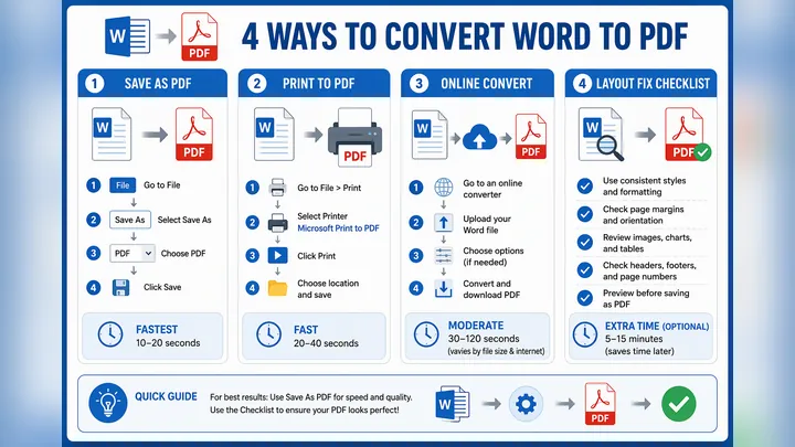 Clean office infographic 720x405, comparing 4 ways to convert Word to PDF: Save As PDF, Print to PDF