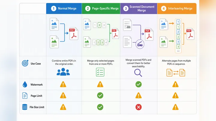 Infographic table comparing four PDF merge scenarios: normal merge, page-specific merge, scanned doc