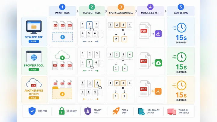 Step-by-step flowchart for three free PDF merge methods on desktop and browser: import files, reorde