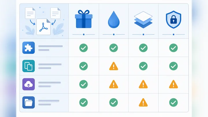 Comparison chart for selecting free PDF merge tools with four dimensions: real free, watermark, inte