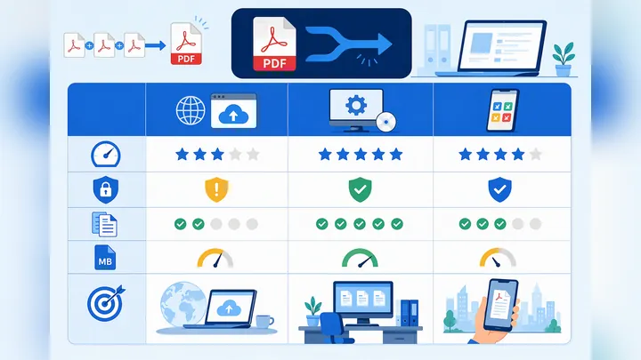 Infographic comparing three PDF merge methods: online tool, desktop software, mobile app, with colum