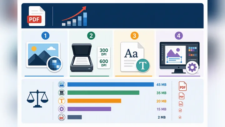 Infographic showing four main reasons for oversized PDF files: high-resolution images, scanned pages