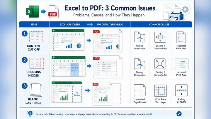 Infographic comparing 3 Excel to PDF issues: content cut off, columns hidden, blank last page; show 