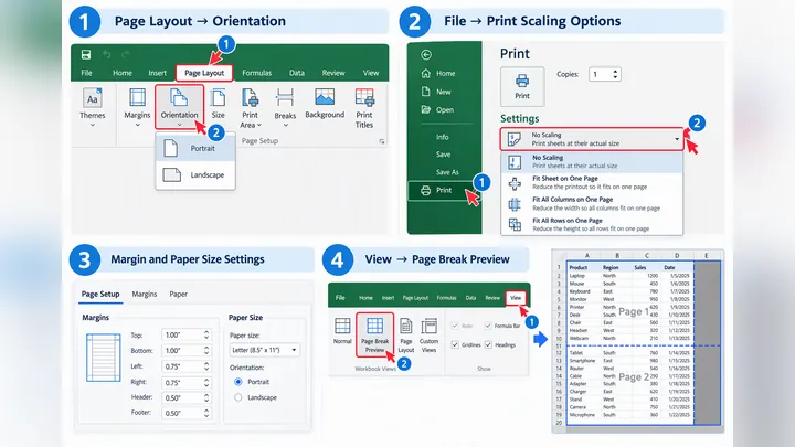 Step-by-step Excel page setup workflow showing menu paths: Page Layout to Orientation, File to Print