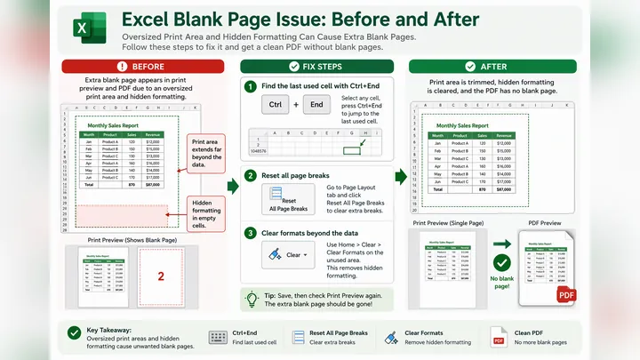 Before-and-after comparison of Excel blank page issue caused by oversized print area and hidden form