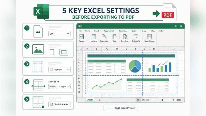 Infographic showing 5 key Excel settings before exporting to PDF: paper size A4, landscape orientati