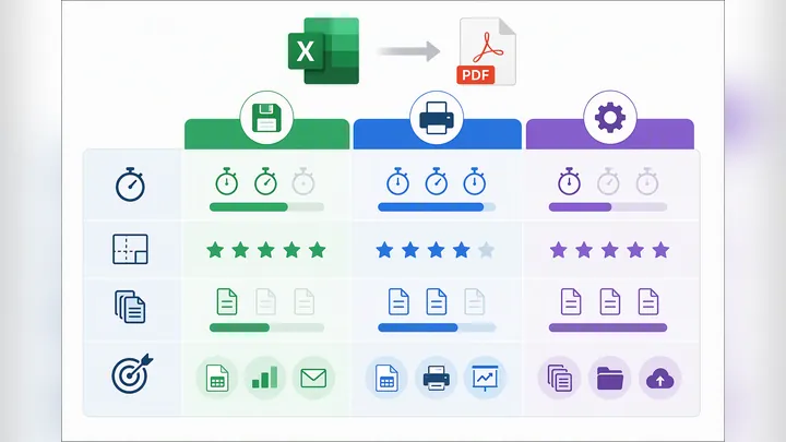 Comparison chart of 3 Excel to PDF methods: Save As PDF, Print to PDF, converter tool; metrics inclu