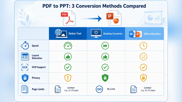 Infographic comparing three PDF to PPT methods: online tool, desktop converter, office workflow; col
