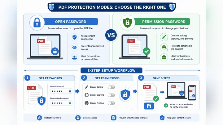 Infographic comparing two PDF protection modes and a 3-step setup workflow: open password vs permiss