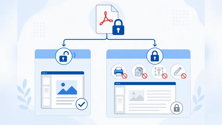 Infographic flowchart for PDF password type identification, showing two branches: open password and 