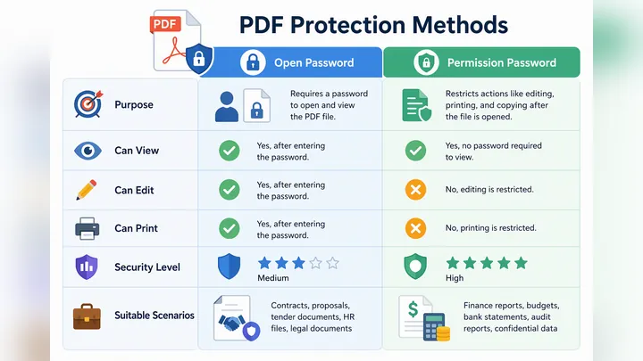 Comparison chart of PDF protection methods, open password vs permission password, columns for purpos