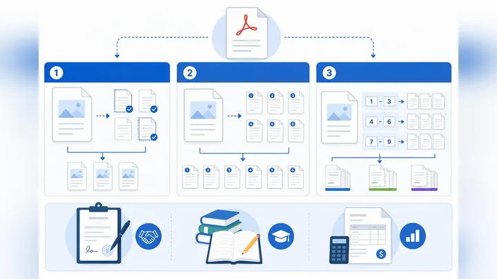 Infographic comparing three PDF split needs: extract selected pages, split every page, split by page