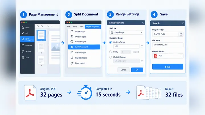 Step-by-step office workflow for splitting PDF in desktop editor, showing menu path Page Management 
