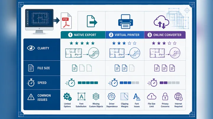 Infographic comparing three CAD to PDF methods: native export, virtual printer, online converter, wi