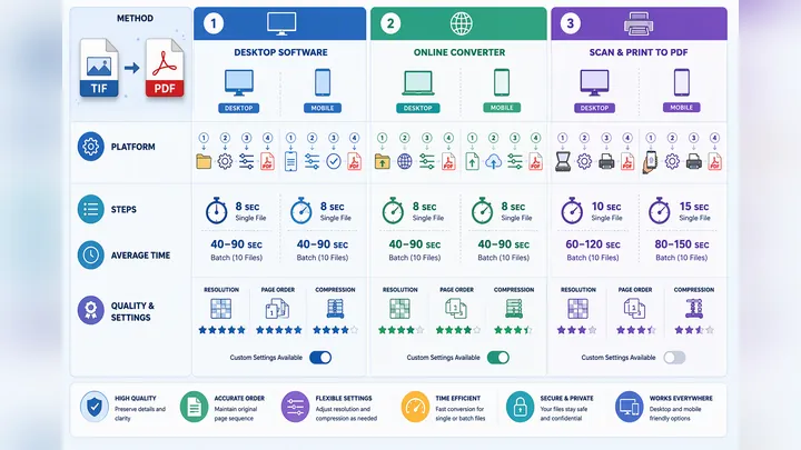 Infographic comparing three TIF to PDF methods on desktop and mobile, showing steps, average time 8 