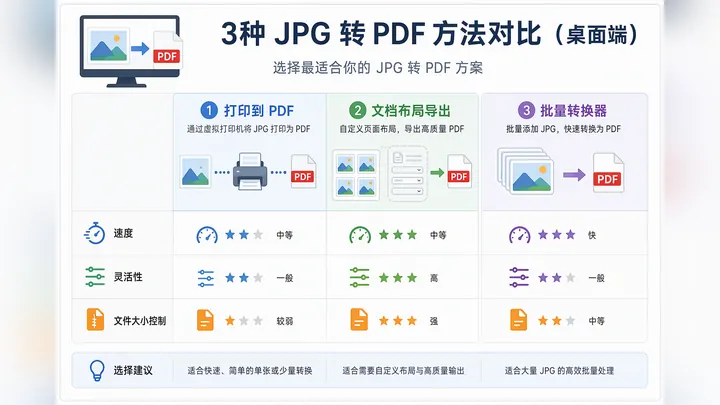 Clean office-style infographic, 720x405, comparing 3 JPG to PDF methods on desktop: Print to PDF, do