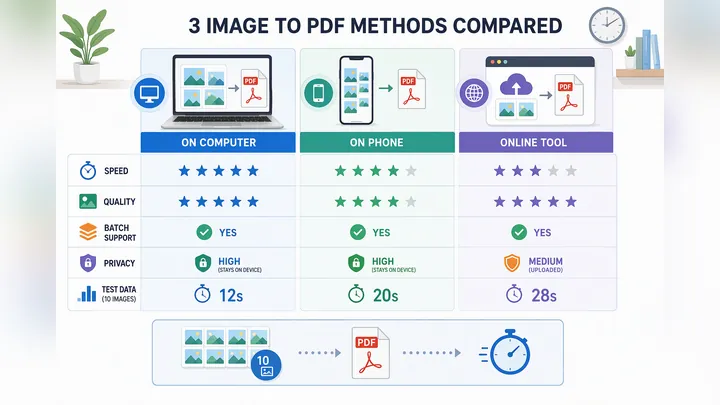Infographic comparing 3 image to PDF methods on computer, phone, and online tool, with columns for s