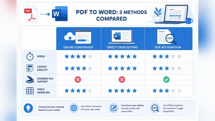 Comparison infographic of three PDF to Word methods: online conversion, direct open editing, OCR rec