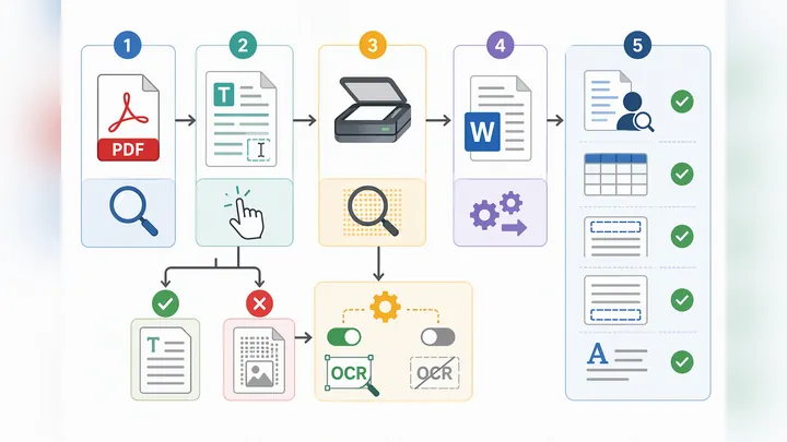 Step-by-step workflow diagram for checking PDF type before conversion: selectable text test, scanned