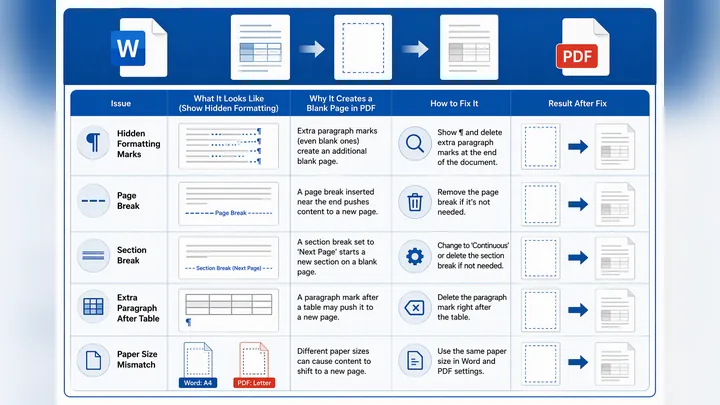 Office-style troubleshooting chart for Word to PDF blank page issues, showing hidden formatting mark