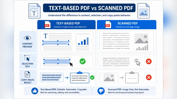 Infographic comparing text-based PDF and scanned PDF, showing selectable text vs full-page image, wi