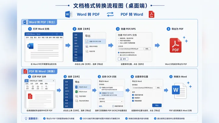 Step-by-step workflow diagram showing Word to PDF export and PDF to Word conversion paths on desktop
