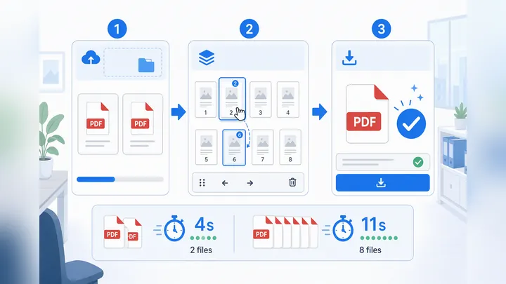 Infographic flowchart of PDF merge in 3 steps: upload files, reorder pages, export and verify; inclu