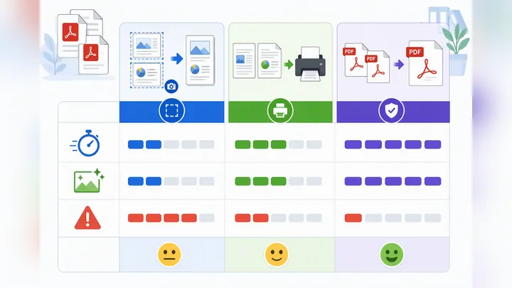Comparison chart of three PDF merging methods: screenshot stitching, print to PDF, professional merg