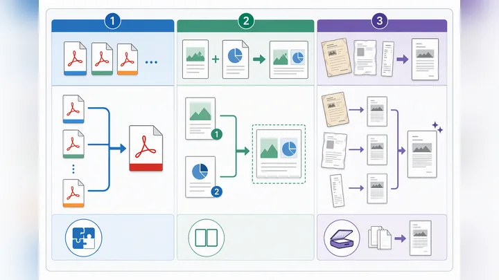 Infographic comparing three PDF tasks: merge multiple files into one, combine two pages into one she