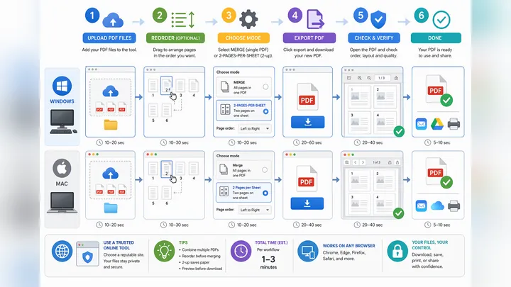 Step-by-step flowchart for free online PDF merge and 2-pages-per-sheet layout on desktop, showing up