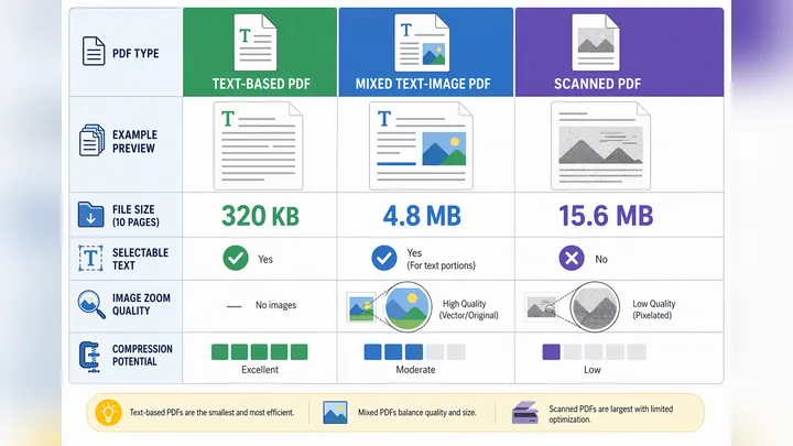 Infographic comparing three PDF types: text-based, mixed text-image, and scanned PDF, showing file s
