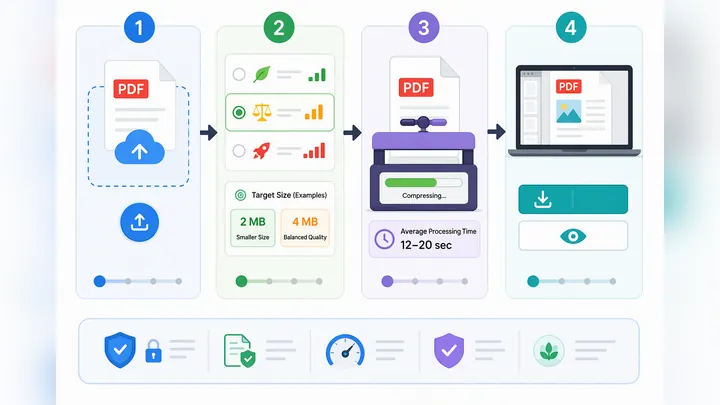 Step-by-step flowchart for online PDF compression: upload file, choose compression level, start comp