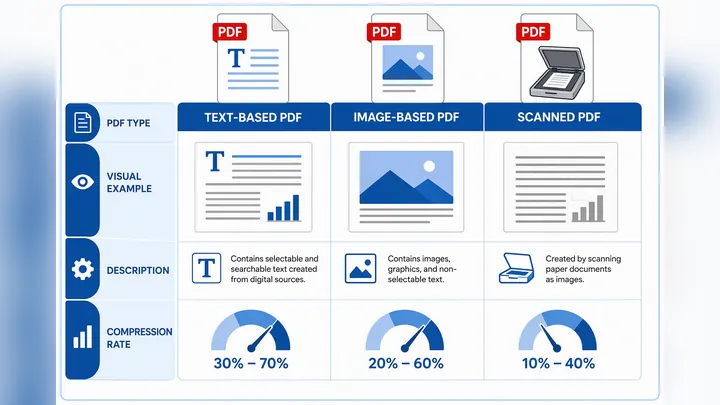 Infographic comparing three PDF types: text-based, image-based, scanned PDF, with compression rate r