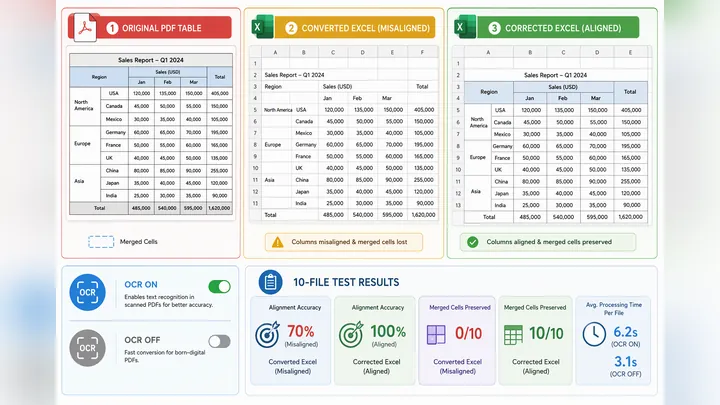 Comparison infographic showing original PDF table, converted Excel with misaligned columns, and corr