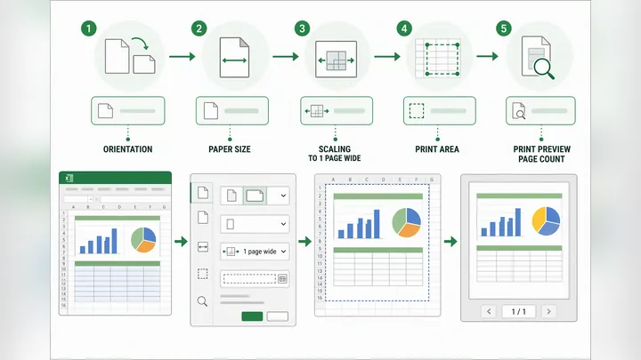 Excel workflow diagram showing page layout settings: orientation, paper size, scaling to 1 page wide