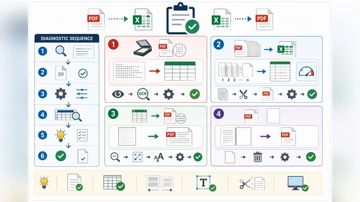 Troubleshooting checklist infographic for PDF to Excel and Excel to PDF issues, showing four scenari