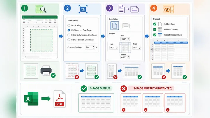 Infographic showing 4-step Excel to PDF troubleshooting workflow: check print area, adjust scaling, 