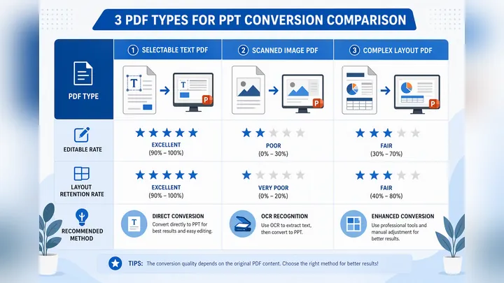 Infographic comparing 3 PDF types for PPT conversion: selectable text PDF, scanned image PDF, comple