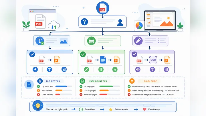Flowchart for choosing free web PDF to PPT method: direct convert for small text PDFs, convert to ed