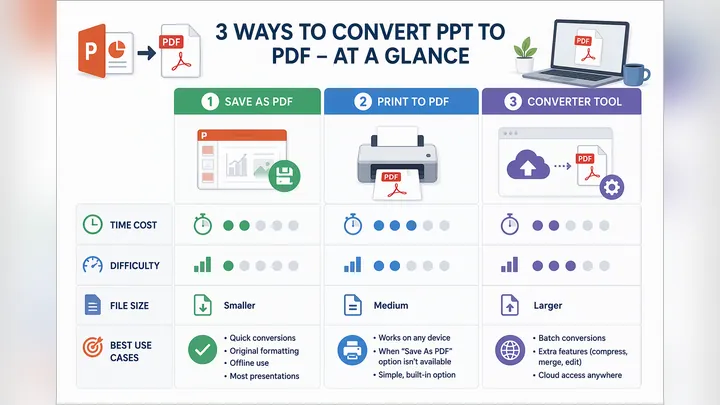 Comparison infographic of three PPT to PDF methods: save as PDF, print to PDF, converter tool, showi