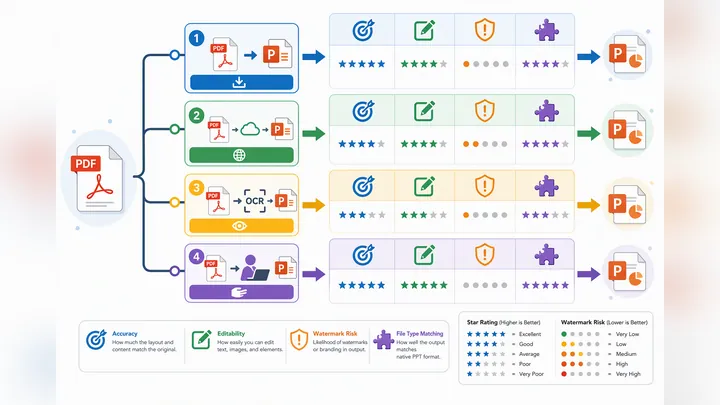 Workflow diagram for PDF to PPT conversion with four paths: direct import, online convert, OCR recog