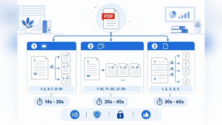 Infographic flowchart for free PDF split methods, showing three paths: split by page range, split in