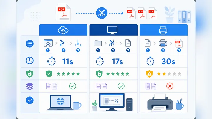 Infographic comparing 3 PDF split methods: online tool, desktop software, print to PDF, with steps, 