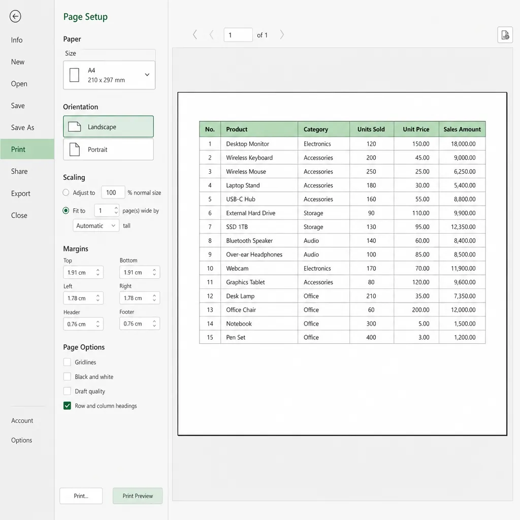 Close-up of Microsoft Excel Page Setup and Print Preview interface, showing A4 paper, landscape orie