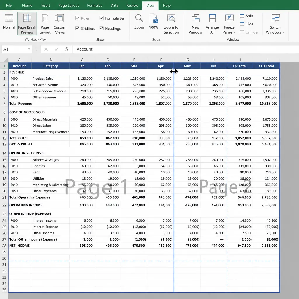 Excel Page Break Preview screen with blue page break lines, a long financial report table, header ro