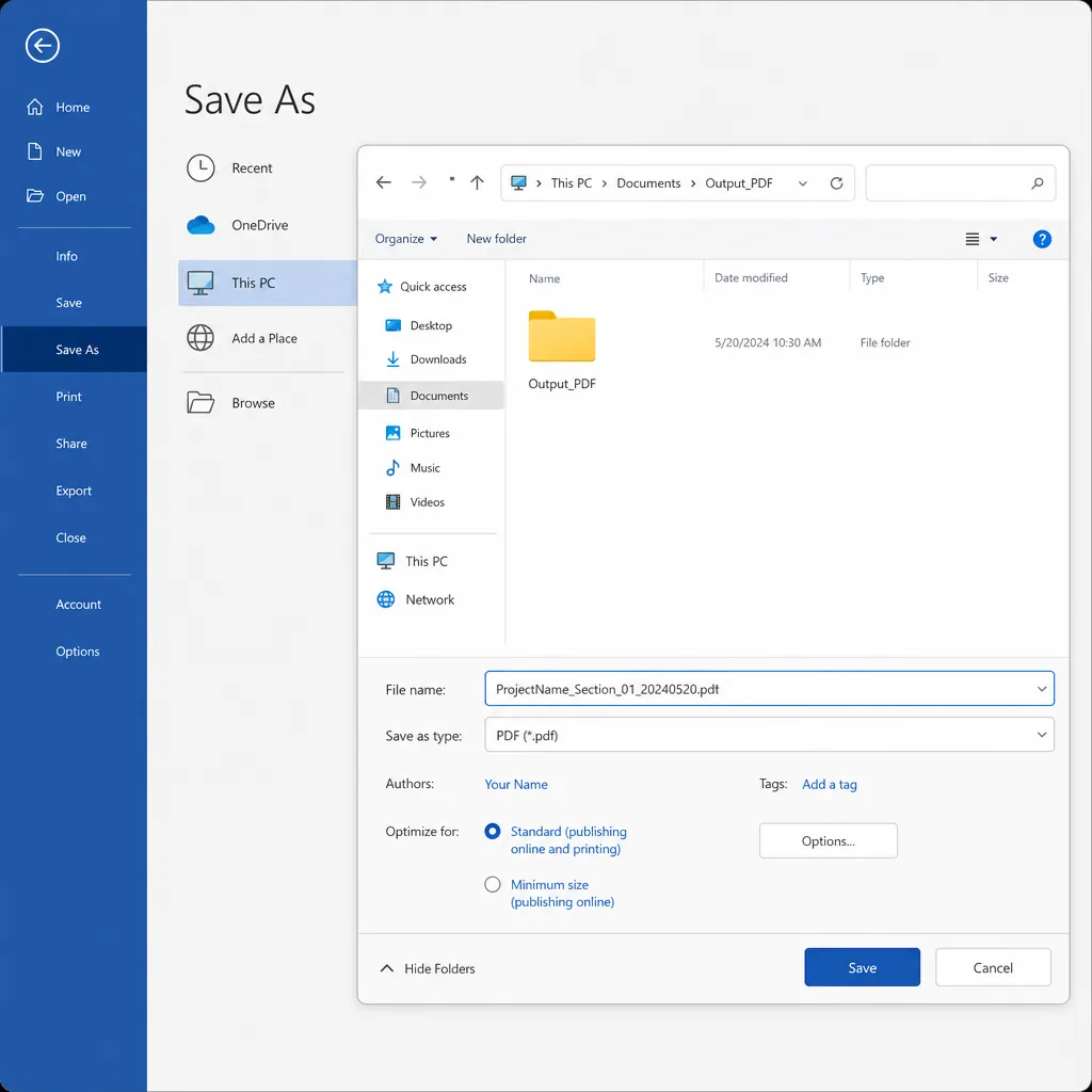 A clean office desktop screenshot-style illustration showing Microsoft Word “Save As” dialog exporti