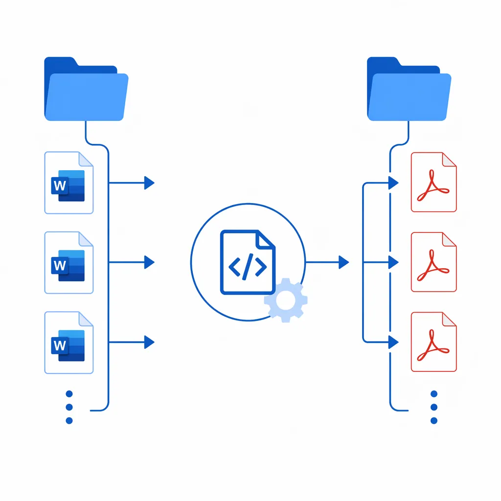 A simple flowchart infographic showing folders Input and Output, an automation script icon in the mi