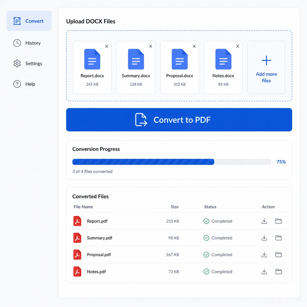 A modern web app interface illustration showing batch upload of multiple DOCX files and a large “Con